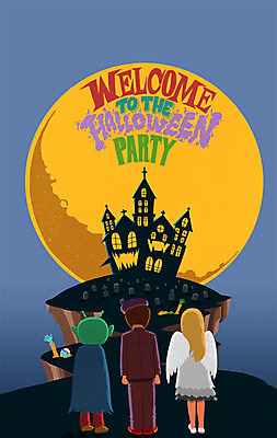 전신 PSD 여자 남자 어린이 일러스트 주택 세명 할로윈 보름달 변장 대저택 국내일러스트 사람 건물 달 파일형식