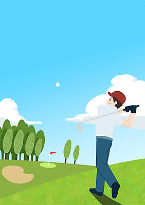 전신 PSD 나무 남자 스포츠 골프 일러스트 골프장 하늘 한명 성인 운동 언덕 국내일러스트 식물 1 스포츠시설 건강 사람 구기 파일형식