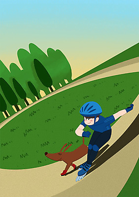 전신 PSD 나무 공원 남자 스포츠 일러스트 한명 성인 운동 산책 롤러블레이드 강아지 보호장비 국내일러스트 식물 1 공공시설 휴식 건강 사람 취미 반려동물 장비 개 파일형식