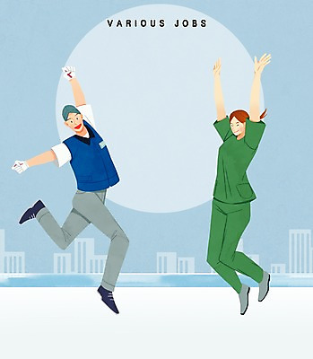 전신 PSD 직업 여자 남자 일러스트 프레임 성인 두명 점프 간호사 택배기사 수술복 프레임일러스트 국내일러스트 모션 사람 의료진 가운 배달원 파일형식