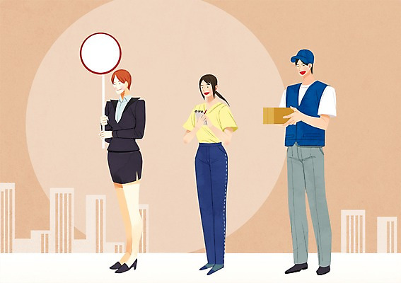 전신 PSD 직업 여자 남자 일러스트 들기 성인 건물 세명 표지판 직장인 택배기사 작가 택배 국내일러스트 건축물 모션 알림판 사람 운송업 배달원 파일형식