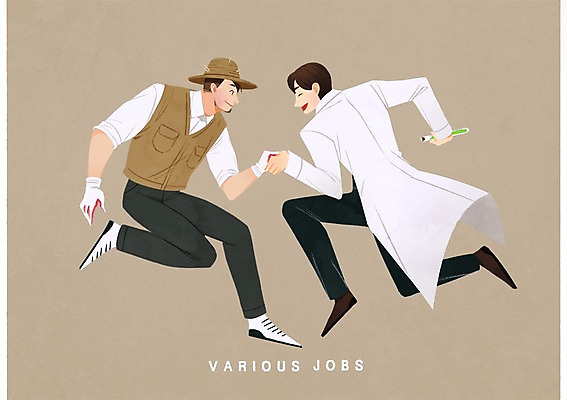 전신 PSD 직업 남자 일러스트 악수 성인 두명 점프 농부 과학자 플라스크 국내일러스트 과학 모션 실험기구 사람 손짓 학자 파일형식