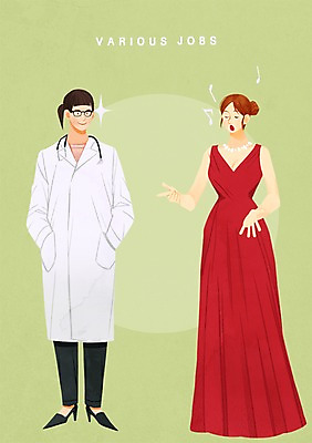 전신 PSD 직업 드레스 여자 남자 일러스트 노래 청진기 성인 두명 의사 성악가 국내일러스트 옷 음악 의료기기 사람 가수 의료진 파일형식