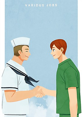 PSD 구름 직업 남자 일러스트 하늘 악수 상반신 성인 두명 간호사 선원 국내일러스트 자연요소 사람 손짓 의료진 파일형식