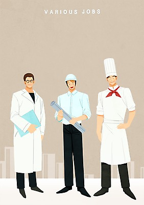 전신 PSD 직업 남자 일러스트 성인 세명 요리사 설계도 의사 건축가 서류판 국내일러스트 건설업 사람 사무용품 의료진 파일형식
