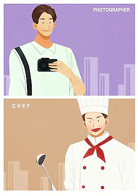 PSD 직업 남자 일러스트 프레임 상반신 성인 두명 건물 카메라 요리사 사진사 국자 프레임일러스트 국내일러스트 건축물 주방용품 사람 전자제품 작가 파일형식