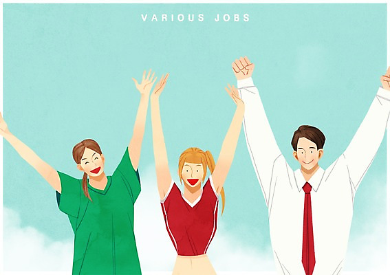 PSD 구름 직업 여자 남자 일러스트 하늘 운동선수 상반신 성인 세명 만세 간호사 직장인 국내일러스트 자연요소 스포츠 모션 사람 의료진 파일형식