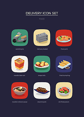 아이콘 사람없음 세트 오토바이 짜장면 배송 웹아이콘 탕수육 철가방 군만두 마파두부 새우볶음 음식배달 2D아이콘 AI파일 가방 중식 바이크 만두 볶음 파일형식 벡터