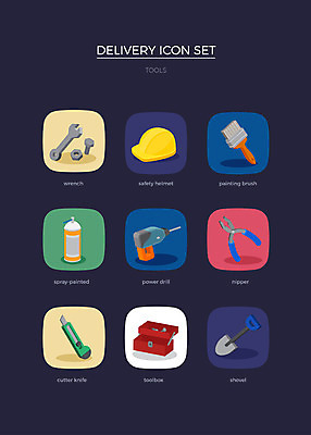 아이콘 사람없음 세트 스패너 안전모 삽 공구함 배송 웹아이콘 페인트붓 니퍼 스프레이페인트 전동드릴 커터칼 2D아이콘 AI파일 사무용품 공구 붓 헬멧 안전장비 드릴 파일형식 벡터