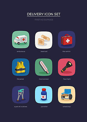 아이콘 사람없음 세트 손전등 반창고 온도계 체온계 구급차 배송 휠체어 웹아이콘 구명조끼 목발 진통제 2D아이콘 AI파일 의료기기 자동차 조명 약 의료용품 구조용품 파일형식 벡터