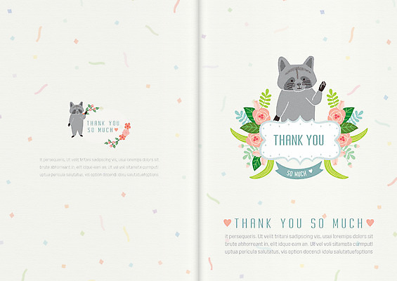 템플릿 꽃 두마리 카드템플릿 나뭇잎 사람없음 감사카드 감사 초대장 너구리 이미지템플릿 AI파일 식물 감정 잎 2 포유류 카드_감사 파일형식 벡터