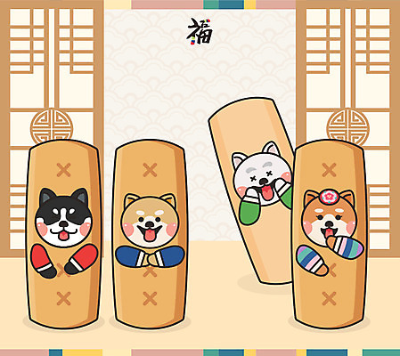 동물 여러마리 일러스트 근하신년 새해 사람없음 십이지신 복 개 개띠 강아지 윷 윷놀이 한복 신년캐릭터 십이지신캐릭터 개캐릭터 새해복많이받으세요 2018년 무술년 국내일러스트 일러캐릭터 AI파일 캐릭터 한국전통 동물캐릭터 다수 포유류 반려동물 전통놀이 한자 전통의상 연도 파일형식 벡터