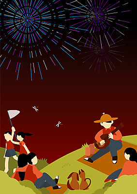 전신 PSD 여자 남자 연주 일러스트 불꽃놀이 여러명 상반신 성인 축제 고양이 가을 기타 강아지 잠자리 언덕 돗자리 채집망 얼굴없음 국내일러스트 계절 음악 다수 곤충 포유류 놀이 현악기 사람 반려동물 개 파일형식