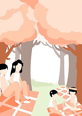 전신 PSD 여자 남자 어린이 일러스트 가족 초원 여러명 성인 소풍 축제 화관 벚꽃 벚나무 돗자리 벚꽃축제 얼굴없음 국내일러스트 나무 꽃 다수 관계 사람 야외활동 꽃축제 파일형식