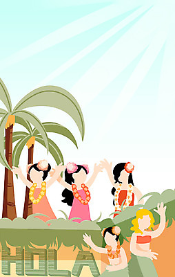PSD 여자 일러스트 여러명 상반신 성인 야자수 축제 하와이 퍼레이드 얼굴없음 국내일러스트 나무 다수 사람 이벤트 미국 파일형식