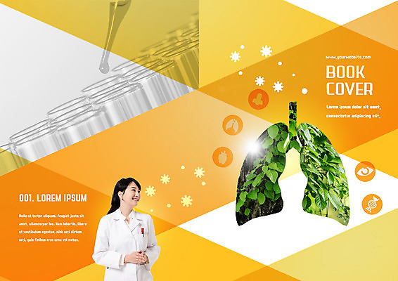 PSD 템플릿 편집 표지디자인 북디자인 출판디자인 여자 표지 리플렛 북커버 의학 나뭇잎 한명 팜플렛 상반신 성인 30대 한국인 의사 허파 스포이트 시험관 이미지템플릿 1 잎 실험기구 사람 동양인 장년 의료진 호흡기관 피펫 파일형식
