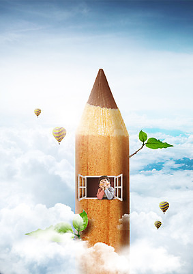 PSD 구름 편집이미지 어린이교육 교육 남자 어린이 창문 상상 하늘 나뭇잎 한명 상반신 연필 턱괴기 한국인 열기구 이미지편집 자연요소 1 잎 항공교통 모션 학용품 사람 동양인 필기구 파일형식