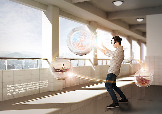 전신 PSD 구름 편집이미지 남자 지구 비즈니스 하늘 한명 서기 성인 옆모습 스마트 3D안경 홀로그램 가교 가상현실 오큘러스 4차산업 VR기기 이미지편집 자연요소 1 건축물 산업 안경 뷰포인트 컨셉 모션 사람 기계 파일형식