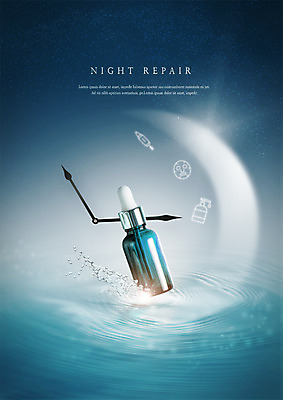 PSD 편집이미지 시계 사람없음 뷰티 화장품 물방울 시곗바늘 야간 초승달 스킨케어 에센스 이미지편집 자연요소 달 파일형식