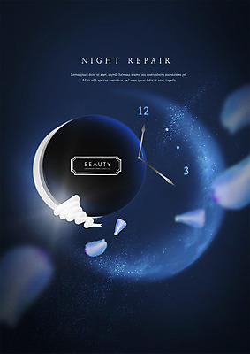 PSD 편집이미지 꽃잎 시계 사람없음 뷰티 화장품 야간 스킨케어 영양크림 이미지편집 자연요소 꽃 파일형식