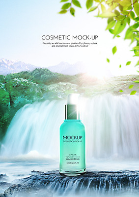 PSD 편집이미지 나뭇잎 산 사람없음 뷰티 화장품 폭포 스킨케어 에센스 이미지편집 잎 자연 파일형식