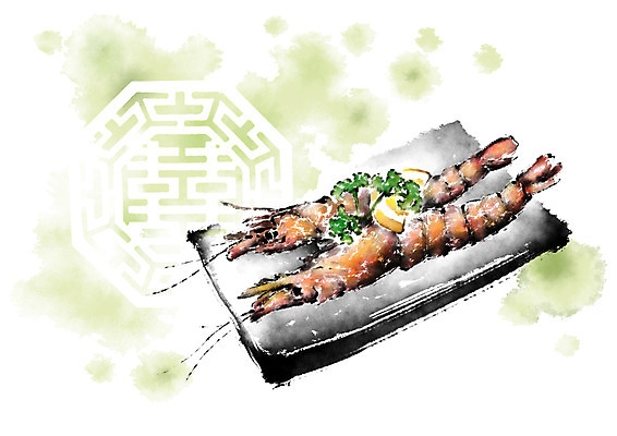 PSD 한국전통 접시 한식 음식 일러스트 캘리그라피 파슬리 사람없음 전통문양 전통음식 해물요리 레몬 대하 해산물 국내일러스트 전통 문양 식기 채소 과일 새우 한국 파일형식