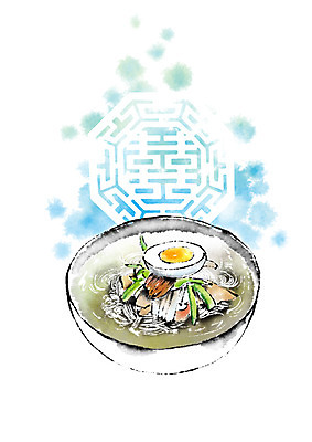 PSD 한국전통 그릇 한식 음식 일러스트 캘리그라피 여름음식 사람없음 전통문양 전통음식 삶은계란 물냉면 제철음식 국내일러스트 전통 문양 식기 한국 계란 계란요리 냉면 제철 파일형식 여름_계절