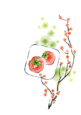 PSD 접시 열매 음식 일러스트 캘리그라피 감 사람없음 나뭇가지 감나무 국내일러스트 나무 식물 식기 과일 파일형식