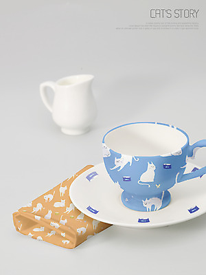 PSD 여러마리 일러스트 사람없음 컵 세트 고양이 찻잔 손수건 패키지 티세트 티파티 목업 브랜딩 국내일러스트 식기 다수 포유류 잔 차_음료 반려동물 파티 파일형식