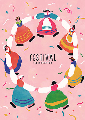 전신 여자 포스터 일러스트 폭죽 이벤트 여러명 성인 손잡기 축제 춤 국내일러스트 AI파일 다수 모션 문화예술 사람 파일형식 벡터