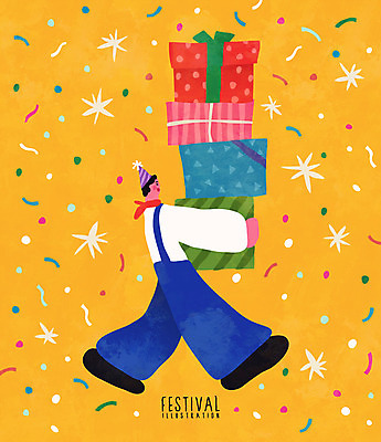 전신 남자 포스터 일러스트 폭죽 선물 한명 들기 이벤트 성인 선물상자 노란색 축제 고깔모자 국내일러스트 AI파일 모자_잡화 1 컬러 모션 사람 상자 파일형식 벡터