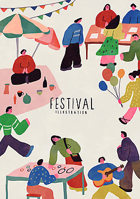 전신 여자 남자 포스터 일러스트 이벤트 여러명 상반신 성인 축제 기타 파라솔 풍선 가랜드 가판대 프리마켓 국내일러스트 AI파일 다수 현악기 사람 시장 파티용품 파일형식 벡터