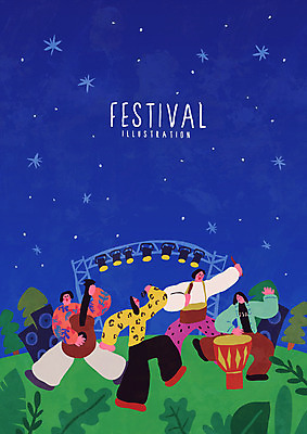 전신 여자 남자 포스터 악기 연주 일러스트 조명 이벤트 여러명 성인 축제 스피커 콘서트 밴드 국내일러스트 AI파일 음악 음향기기 다수 사람 공연 파일형식 벡터