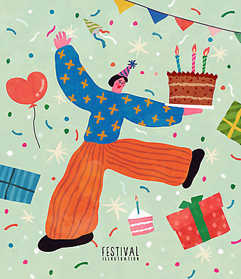 전신 남자 포스터 일러스트 폭죽 한명 이벤트 성인 선물상자 축제 생일 생일케이크 하트풍선 가랜드 국내일러스트 AI파일 1 기념일 선물 사람 상자 케이크 하트 파티용품 풍선 파일형식 벡터