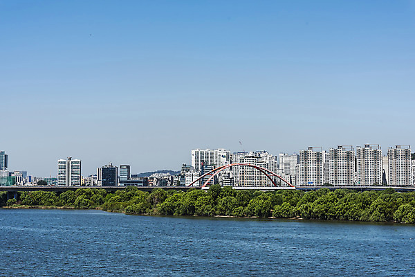 포토 JPG 주간 나무 하늘 서울 풍경 빌딩 사람없음 야외 건물 강 한강 서강대교 가교 국내포토 자연요소 식물 건축물 한국 다리_건축물 랜드마크 파일형식