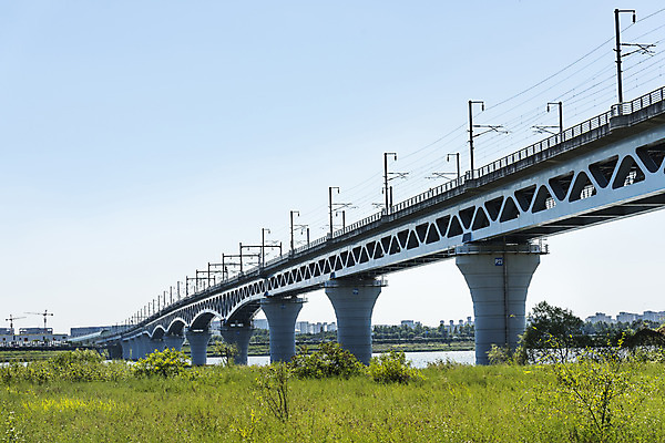 포토 JPG 주간 나무 하늘 서울 풍경 잔디 사람없음 야외 강 한강 가교 마곡철교 국내포토 자연요소 식물 건축물 한국 다리_건축물 랜드마크 파일형식