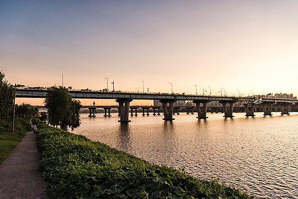 포토 JPG 주간 나무 길 하늘 서울 풍경 잔디 사람없음 야외 강 노을 한강 가교 천호대교 광진교 국내포토 자연요소 식물 건축물 한국 다리_건축물 랜드마크 파일형식