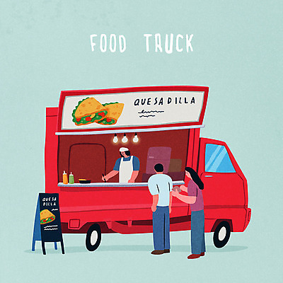 여자 남자 음식 일러스트 간판 성인 세명 트럭 메뉴판 길거리음식 푸드트럭 케사디야 국내일러스트 AI파일 자동차 사람 파일형식 벡터