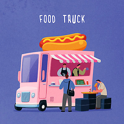 여자 남자 음식 의자 일러스트 탁자 간판 여러명 성인 트럭 핫도그 길거리음식 푸드트럭 국내일러스트 AI파일 가구 다수 자동차 패스트푸드 사람 파일형식 벡터