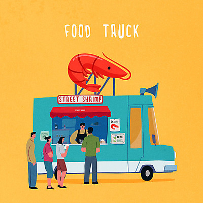 여자 남자 음식 일러스트 새우 간판 여러명 성인 트럭 새우요리 길거리음식 줄서기 푸드트럭 국내일러스트 AI파일 다수 모션 자동차 갑각류 사람 파일형식 벡터