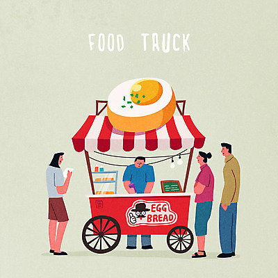 여자 남자 빵 일러스트 디저트 간판 여러명 성인 트럭 계란빵 길거리음식 푸드트럭 국내일러스트 AI파일 음식 다수 자동차 사람 파일형식 벡터
