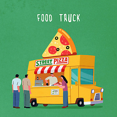 여자 남자 일러스트 간판 피자 패스트푸드 여러명 성인 트럭 길거리음식 줄서기 푸드트럭 국내일러스트 AI파일 음식 다수 모션 자동차 서양음식 사람 인스턴트 파일형식 벡터