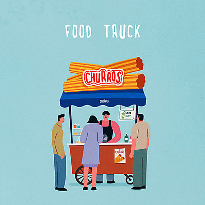 여자 남자 일러스트 디저트 간판 여러명 성인 수레 길거리음식 츄러스 국내일러스트 AI파일 음식 다수 사람 카트 파일형식 벡터