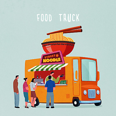 여자 남자 음식 일러스트 간판 여러명 성인 트럭 국수 길거리음식 줄서기 푸드트럭 국내일러스트 AI파일 다수 모션 자동차 사람 면류 파일형식 벡터