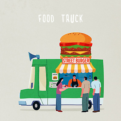 여자 남자 일러스트 간판 패스트푸드 여러명 성인 트럭 햄버거 길거리음식 푸드트럭 국내일러스트 AI파일 음식 다수 자동차 사람 인스턴트 파일형식 벡터