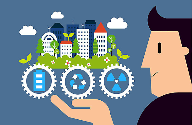 나무 남자 지구 일러스트 한명 빌딩 상반신 성인 건물 새싹 환경 재활용 그린에너지 톱니바퀴 에코 친환경 방사선 베터리 그린슈머 국내일러스트 AI파일 식물 1 건축물 사람 에너지 파일형식 벡터