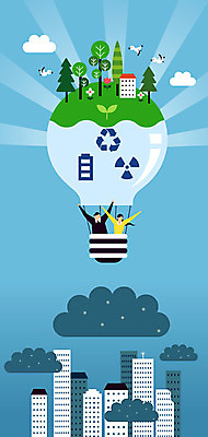 나무 구름 여자 남자 지구 일러스트 전구 빌딩 상반신 성인 두명 건물 환경 재활용 열기구 그린에너지 에코 친환경 베터리 그린슈머 국내일러스트 AI파일 자연요소 식물 건축물 항공교통 사람 에너지 파일형식 벡터