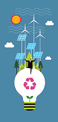 전신 구름 남자 지구 일러스트 전구 바람 한명 성인 태양 새싹 자연보호 환경 재활용 그린에너지 풍력에너지 에코 친환경 태양에너지 집열판 재생에너지 그린슈머 국내일러스트 AI파일 자연요소 식물 1 자연 날씨 사람 에너지 보호 파일형식 벡터