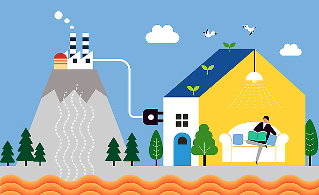 전신 나무 구름 남자 지구 일러스트 공장 주택 한명 성인 새싹 자연보호 환경 에너지 그린에너지 플러그 에코 친환경 재생에너지 지열에너지 그린슈머 국내일러스트 AI파일 자연요소 식물 1 공업 자연 사람 건물 보호 파일형식 벡터