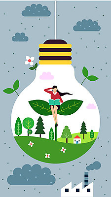 전신 나무 구름 여자 지구 일러스트 전구 공장 한명 성인 독서 새싹 자연보호 환경 환경오염 오염 그린에너지 에코 친환경 매연 대기오염 그린슈머 국내일러스트 AI파일 자연요소 식물 1 컨셉 공업 자연 사람 에너지 보호 파일형식 벡터